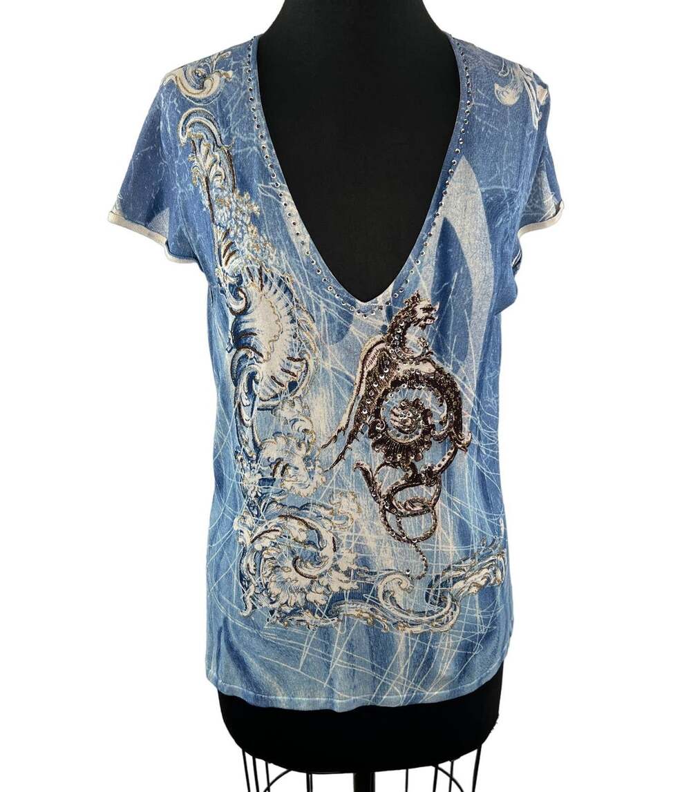 Alberto Makali Blue White Knit Dragon Rhinestone V-Neck Short Sleeve Shirt XL